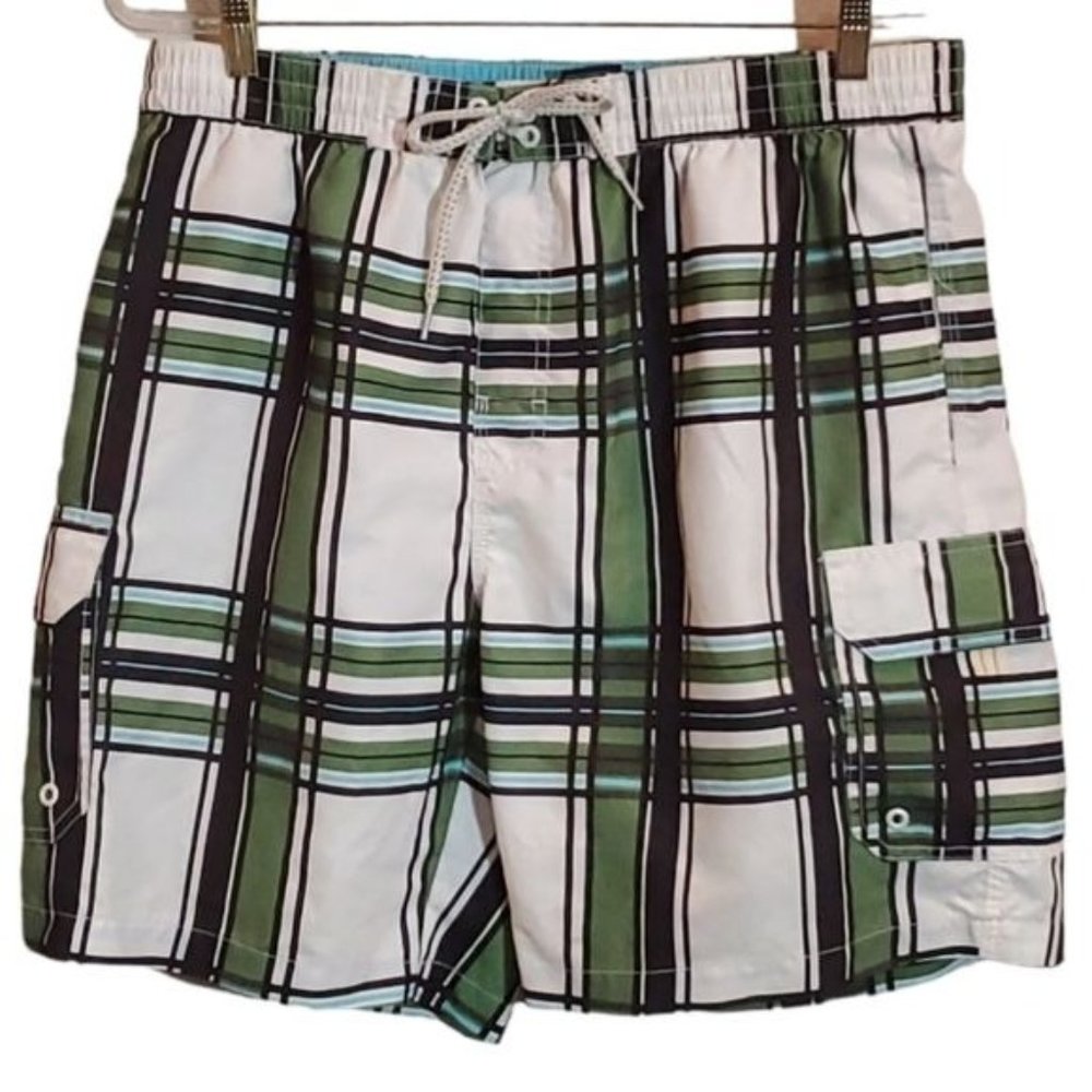 CARIBBEAN JOE L GREEN & BLACK PLAID LONG SWIM SHORTS